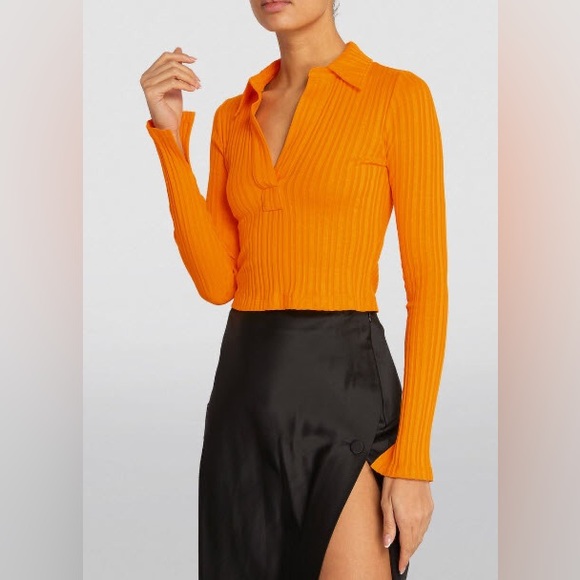 NWT Helmut Lang Cotton Cropped Rib Knit Long Sleeve Polo in Orange, Size XS - Picture 4 of 14